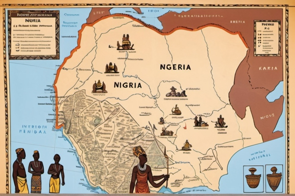 Prompt: "Illustrate a map of pre-colonial Nigeria highlighting key centers of civilization such as Ife, Benin, Nok, and Kanem-Bornu. Show these regions interconnected by trade routes and cultural exchanges. Depict symbols of their unique contributions, like terracotta sculptures from Nok, bronze works from Benin, and the ancient architecture of Ife. The image should convey a sense of shared history and interaction among these civilizations, with arrows or pathways illustrating the flow of ideas, goods, and cultural practices across the regions."