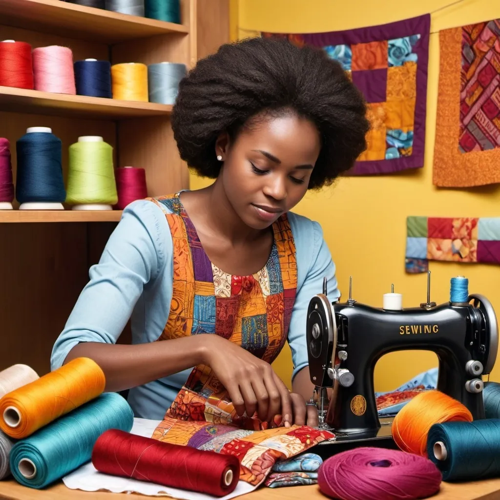 Prompt: Create an image that illustrates the production of clothing and household articles or crafts. Depict a well-organized workspace with various materials like fabric, yarn, and sewing tools. Show An African young woman sewing a piece of clothing on a sewing machine,  Surround the workspace with finished products like colorful clothing, quilts, and handmade crafts to emphasize the creative and productive atmosphere."