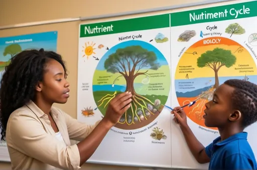 Prompt: African biology teacher illustrating Nutrient Cycle in Nature  in the biology lab to two young African biology student  male and female and the diagram of  Nutrient Cycle in Nature in a chat in the wall 

