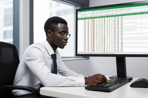 Prompt: Create an image representing a closure of an African  young man typing using desktop in a modern office the screen display spreadsheet   ." in Africans Lagos Nigeria