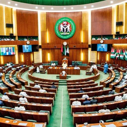 Prompt: Depict a group of Nigerian lawmakers, both men and women, seated in a semicircular formation within a modern legislative chamber. The lawmakers are holding copies of the Nigerian Constitution, symbolizing their role in interpreting and upholding it.

Background: The backdrop should feature the interior of the Nigerian National Assembly, with the emblem of Nigeria prominently displayed above. The chamber should be filled with rows of seats, symbolizing the legislative process.  Ensure the lawmakers are dressed in a mix of traditional Nigerian attire and modern suits, representing the blend of Nigeria's cultural heritage and contemporary 