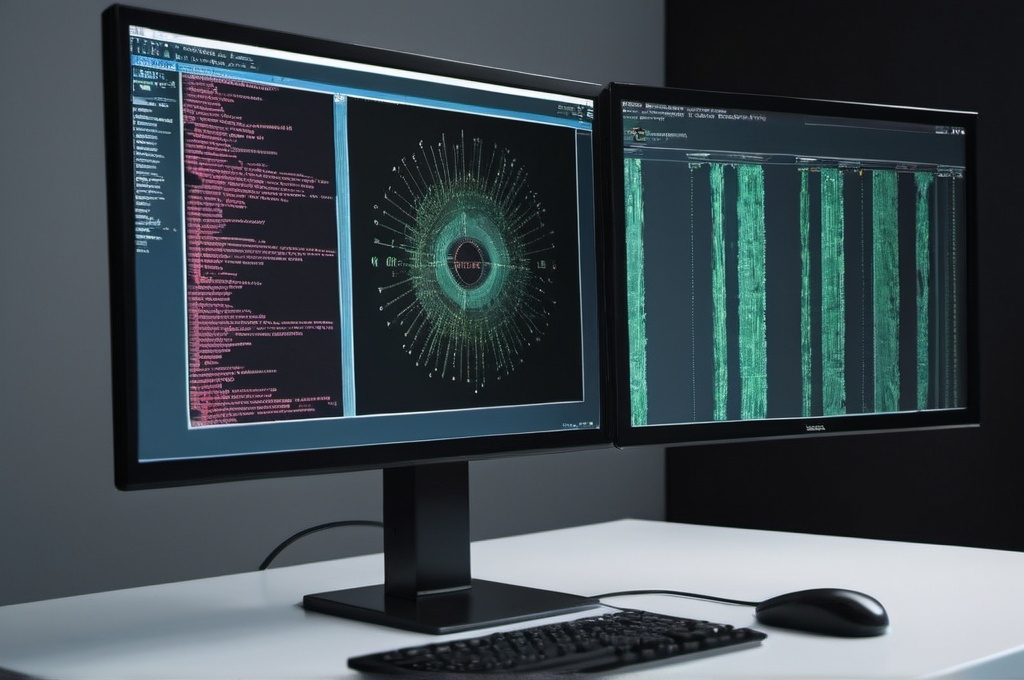 Prompt: Show a computer with complex algorithms and software processing data.