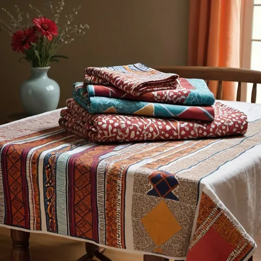 Prompt: Create an image showcasing a collection of household linen in an African home. Display neatly folded linens, such as tablecloths, and towels, arranged on shelves or in a linen closet. The linens should feature vibrant patterns and colors inspired by African textiles, incorporating designs like Ankara or Kente prints. Include a well-made bed with crisp, clean linens and a table set with a beautifully patterned tablecloth, highlighting the importance of quality and style in everyday household items.