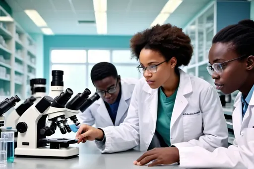 Prompt: ( African biology teacher Micro-Organisms
 to  young African students), 
in a modern biology lab, engaged in a deep conversation, (illustrative Micro-Organisms
) on the wall, (laboratory equipment) scattered on the table, both in (lab jackets), bright and clean environment, (energetic and collaborative atmosphere), crisp and detailed image, vibrant colors, (4K resolution), showcasing (scientific curiosity). student using microscope. 