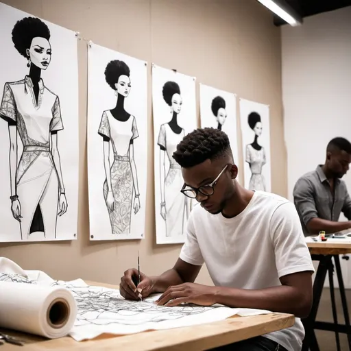 Prompt: "Create an image of a young male African fashion designer working in a modern design studio. He is focused on sewing fabric using a sleek, modern sewing machine. The workspace should be equipped with other fashion design tools, such as fabric rolls, scissors, a mannequin dressed in a partially finished garment, and sketches pinned on the wall. The designer's expression is one of concentration and creativity, reflecting his passion for fashion design."