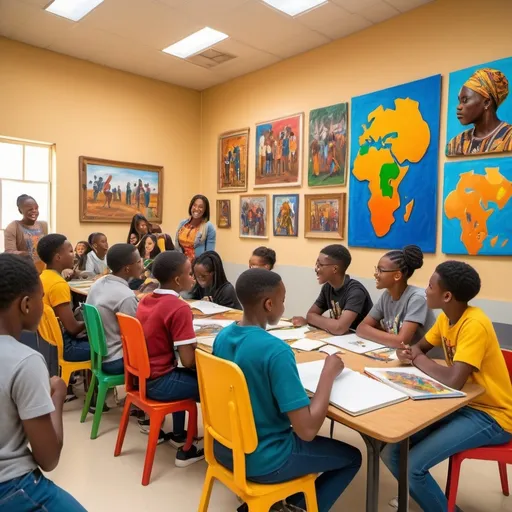 Prompt: African young teacher introducing history in the modern art class to young African student male and  Female caption of history in the chat in the wall  