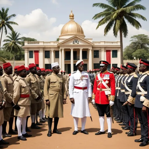 Prompt: "Create a depiction of the British colonization of Nigerian territories. The image should show British colonial officers interacting with Nigerian traditional rulers, signing treaties, and establishing control over local territories. Include visuals of colonial flags, British soldiers, and administrative buildings alongside traditional Nigerian symbols of authority, such as palaces or royal insignia. The scene should reflect the tension between British colonizers and the local population, with elements like military presence and the imposition of new laws, showcasing the transition from traditional governance to colonial rule."