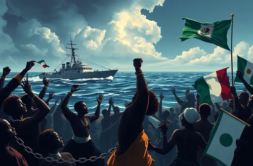 Prompt: "Design a powerful scene illustrating the abolition of the Trans-Atlantic slavery and slave trade in Africa. The image should depict a symbolic moment of liberation, with African men, women, and children breaking free from chains. In the background, show a British naval ship patrolling the Atlantic Ocean, signifying the enforcement of the abolition laws. Include African leaders and abolitionists rallying together, with banners and Nigeria flag proclaiming freedom and justice. The image should convey a strong sense of hope, resilience, and the turning point in history as the inhumane practice of slavery is brought to an end."