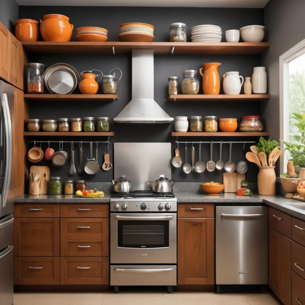 Prompt: Create an image of a well-organized, modern African kitchen filled with various kitchen equipment. The scene should show stainless steel appliances, such as a refrigerator, oven, and microwave, alongside neatly arranged utensils like knives, pots, pans, and cutting boards. Include kitchen gadgets like a blender, toaster, and mixer, as well as storage solutions like hanging racks, shelves, and cabinets. The countertops should display commonly used items like a kettle, spice jars, and fruit bowls. The overall ambiance should convey functionality, cleanliness, and readiness for meal preparation."