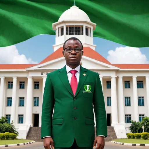 Prompt: Create an image illustrating the concept of 'Legitimacy.' Depict a government official, such as Nigeria  judger, standing in front of a government building with the Nigerian coat of arms prominently displayed.