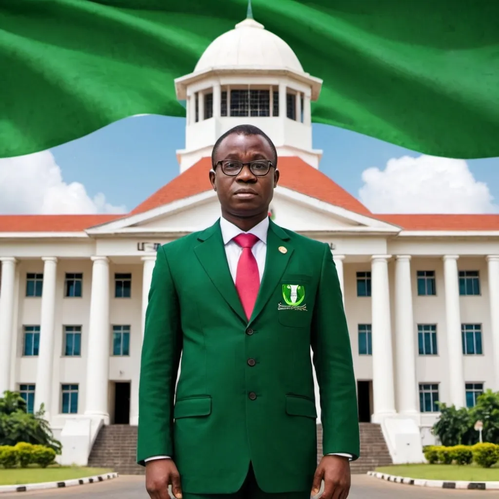 Prompt: Create an image illustrating the concept of 'Legitimacy.' Depict a government official, such as Nigeria  judger, standing in front of a government building with the Nigerian coat of arms prominently displayed.