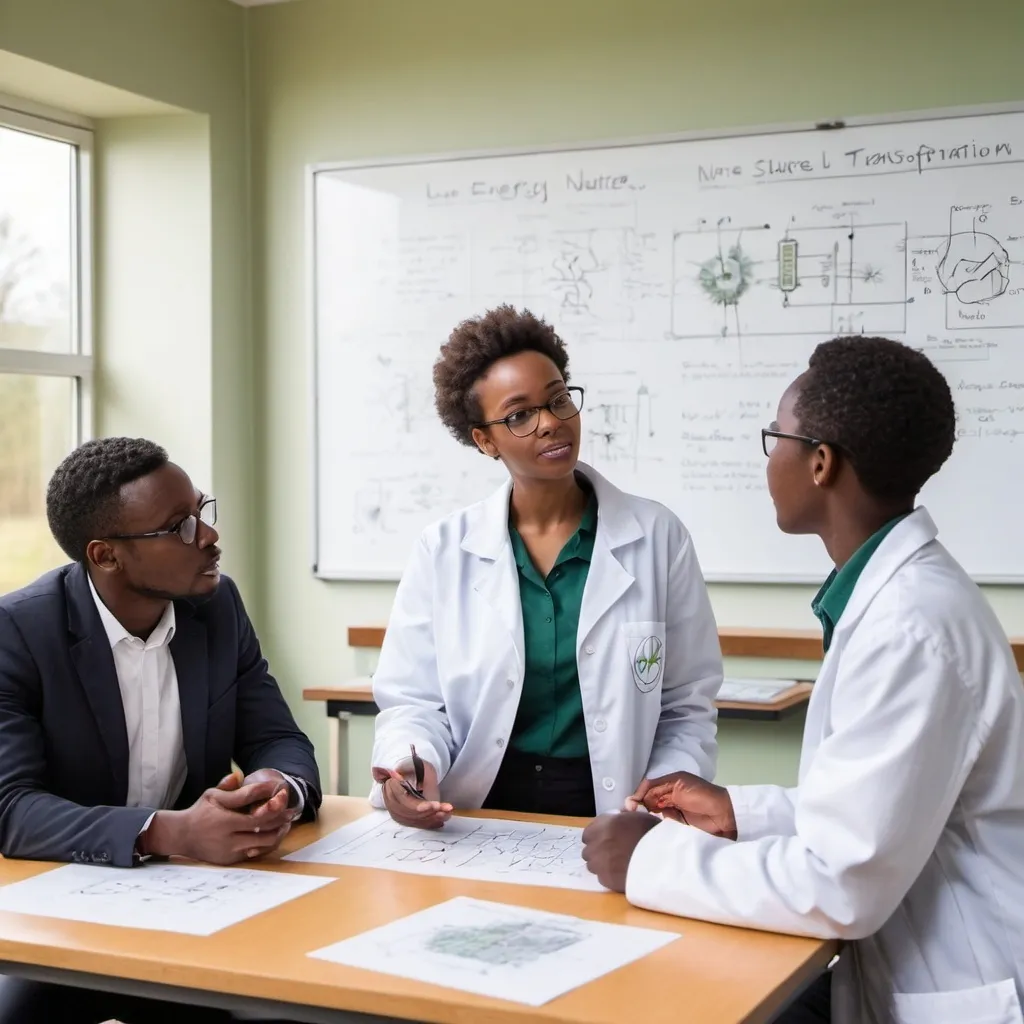 Prompt: African teacher in a modern biology lab explaining the concept of Energy Transformation in Nature
Ecosystem to two African biology students wearing lab jacket showing the diagram of Energy Transformation in Nature
in a chat in the wall