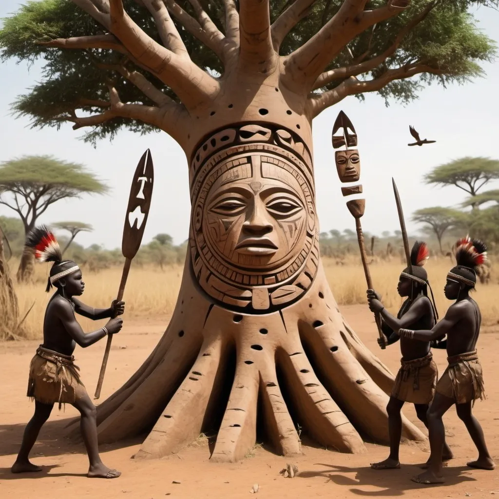 Prompt: Description: Illustrate an inter-tribal war scene with symbols or objects used as signs for communication. For example, a tree with specific carvings or markings indicating a warning or message.
Elements: Carved tree, tribal warriors, traditional weapons, tense atmosphere. in Africa rural area
