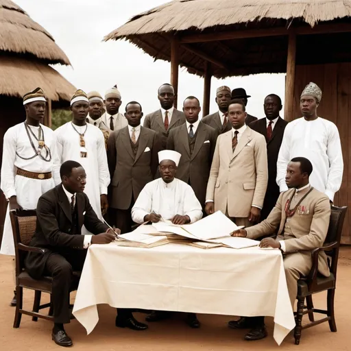 Prompt: A historical scene depicting British colonial officials, dressed in early 20th-century attire, seated at a table in a traditional Nigerian setting, surrounded by African local leaders in their traditional attire. The British officials are holding documents and maps, symbolizing the imposition of colonial laws and governance. The local leaders appear subdued or in passive agreement, reflecting the lack of power under direct rule. In the background, a blend of colonial-style buildings and traditional African huts represents the merging of the two cultures under colonial rule."