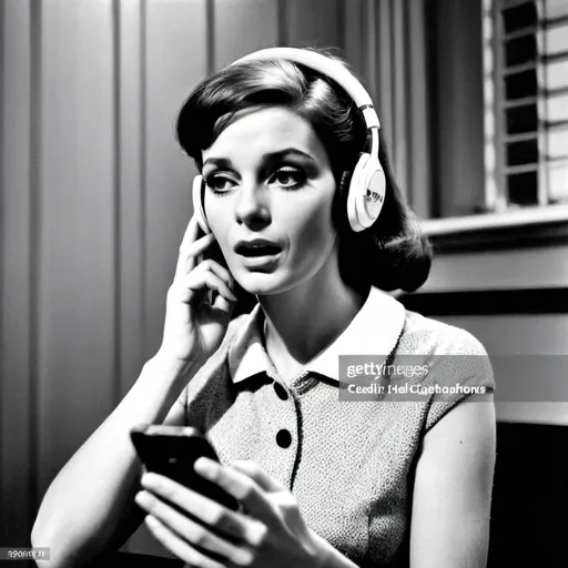 Prompt: A lady staring at a smartphone while wearing headphones. Her facial expression suggests her mind is blown. Black and white. 1960s.