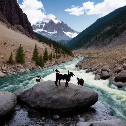 Prompt: Make me a photorealistic view of a mountain with a river and a heard of goats on some rocks