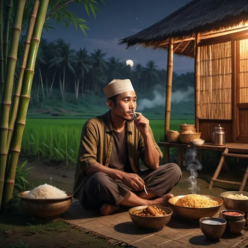 Prompt: a indonesian muslim man 25 is sitting in front of a bamboo house, in front of him there are fried foods and coffee, the man is seen smoking, beautiful rice fields in the night atmosphere in the countryside, 8K realistic