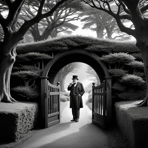 Prompt: create black and white image of a tunnel of yew trees,  halfway along on one side there is a wooden gate, behind the gat is the moor and at the gate in the foreground is an elderly victorian gentleman is standing smoking a cigar his face and cigar can clearly be seen
