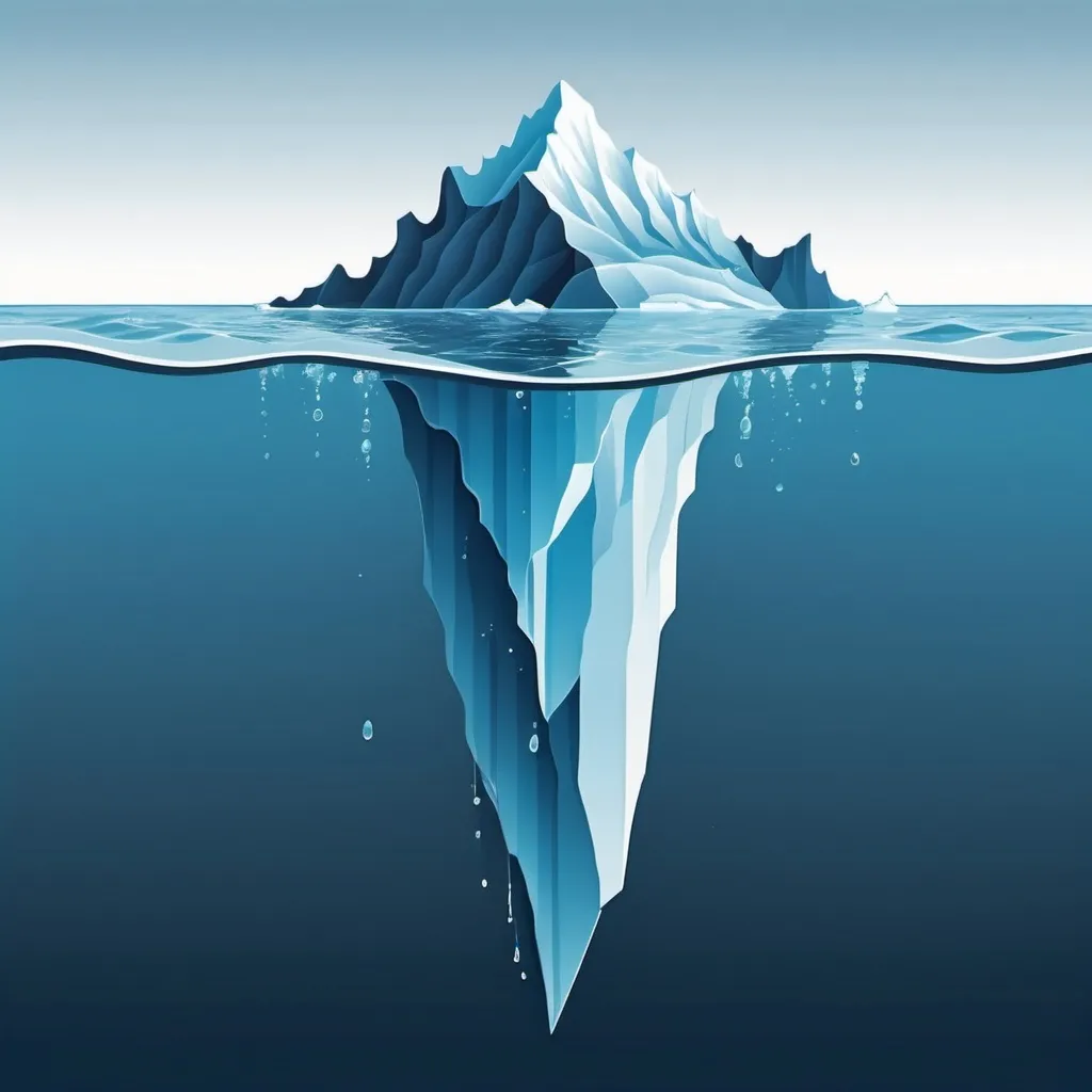 Prompt: Create a flat vector image of an iceberg with above and below views. Below the water, the iceberg should be larger than above, emphasizing a minimalist design with sharp contrasts and clean lines. Use deep blue for the underwater part and lighter blue above water, maintaining a simple color palette with geometric shapes and no gradients. The illustration should have an educational style, clear and precise, with high-quality, crisp details.
The background should depict a deep ocean with slight wave indications above the water. Add the words "Data Visualization" and "Reporting" above the water, and "Data Integrity," "Data Quality," "Data Preparation," and "Governance" below the water. This design is for a PowerPoint presentation.