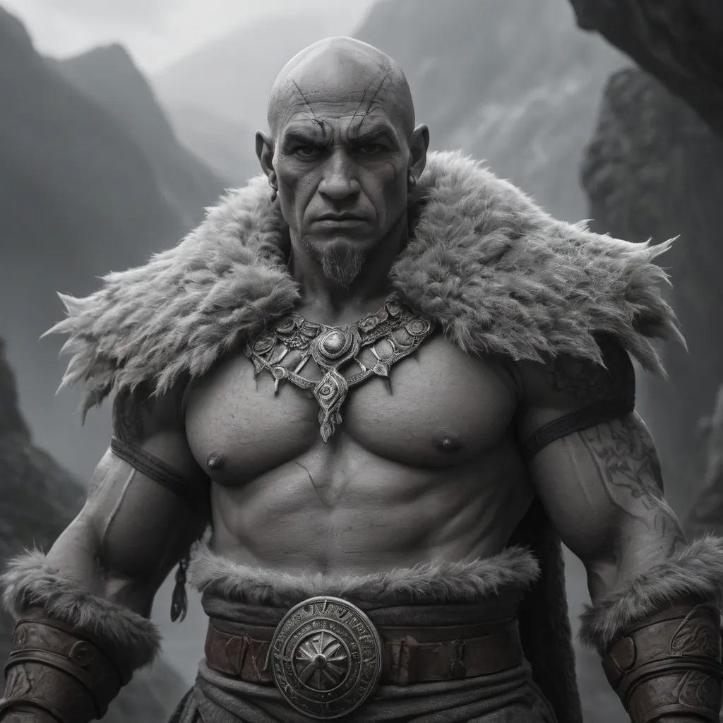 Prompt: D&D Goliath Genie Warlock facing forward, (wearing robe under hide and fur armor), symmetrical tattoos and scars on his face, grey skin color, bald, imposing stance, serious expression, misty forested mountain background, (highly detailed), (cinematic lighting), dramatic shadows, (epic fantasy scene), ultra-detailed textures, muted grayscale tones, (HD), (4K), dynamic composition, realistic textures, cool color palette, powerful atmosphere, barbaric earrings