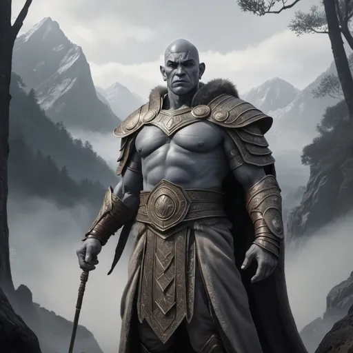 Prompt: D&D Goliath Genie Warlock facing forward, (wearing robe under hide and fur armor), symmetrical scars on his face, grey skin color, bald, imposing stance, serious expression, misty forested mountain background, (highly detailed), (cinematic lighting), dramatic shadows, (epic fantasy scene), ultra-detailed textures, muted grayscale tones, (HD), (4K), dynamic composition, realistic textures, cool color palette, powerful atmosphere, barbaric earrings