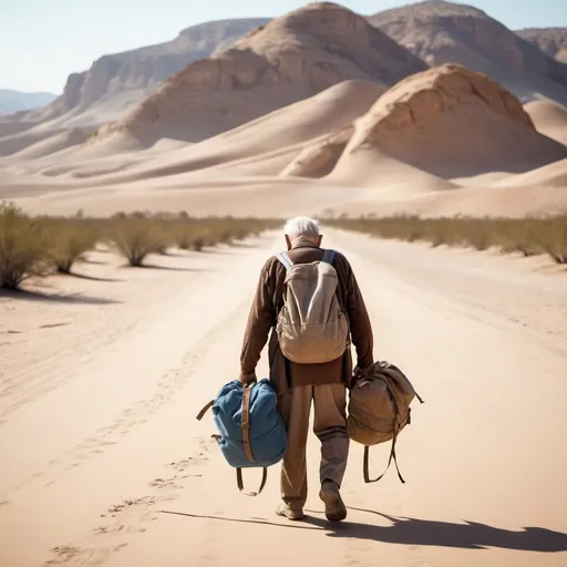 Prompt: Tired looking old man dragging a big backpack on the ground in a desert, sad vibes, life passing by slowly