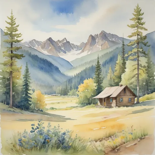 Prompt: watercolor painting in blues, greens, yellows and tans of mountains in near background and meadow among trees in foreground with small cabin center left in meadow