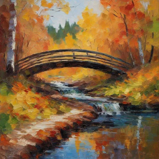 Prompt: Stream with foot bridge over it amongst forest of Autumn colored trees impressionistic painting with large palette-knife