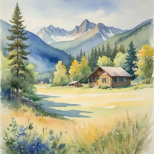 Prompt: watercolor painting in vibrant blues, greens, yellows and tans of mountains in near background and meadow among trees in foreground with small cabin center left in meadow