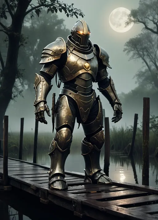 Prompt: (warforged with black and gold armor), fist gauntlet, standing on an old rickety wooden bridge, swamp background, misty and eerie atmosphere, dark and muted colors with deep greens and browns, shafts of moonlight breaking through the fog, glistening reflections on water, vines overgrown on bridge, ancient trees looming in the background, ultra-detailed, cinematic, 4K quality, highly detailed textures, dramatic lighting, immersive realism