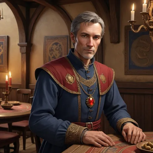 Prompt: (slender middle-aged medieval noble man), gray and brown short hair, clean-shaven, red and dark blue clothes with gold trim, red dragon pin, standing in a fine rustic dining room, large round table, photorealistic, richly detailed, golden highlights, warm and cozy atmosphere, muted colors with deep red and blue tones, decorative wooden furnishings, ancient artifacts on walls, candlelit ambiance, ultra-detailed, 4K.