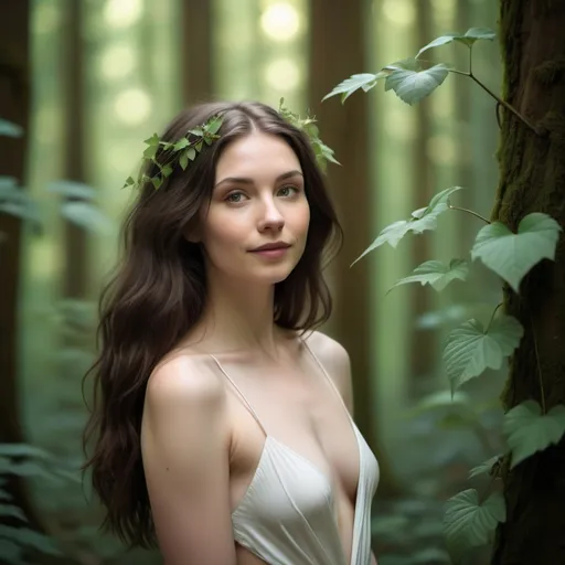 Prompt: Create a portrait of a cute full body pale white caucasian brunette adorable woman loving in her most natural form, without clothing, emphasizing elements of nature like flowing hair that resembles vines or leaves. The setting is a serene forest, with soft light filtering through the trees, enhancing her connection to the environment.
