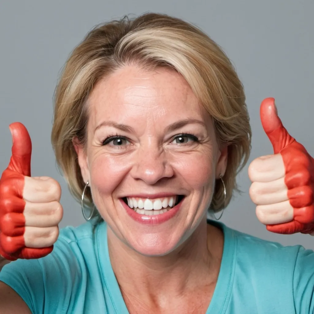 Prompt: A middle aged white woman named Charray- lyinee Smythee  giving two thumbs up while smiling with her teeth and watermarks on the photo