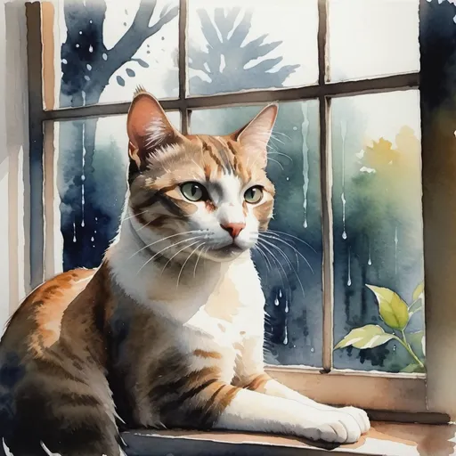 Prompt: Cat sitting by a windoww pane with rain outside and treese swaying, watercolor style