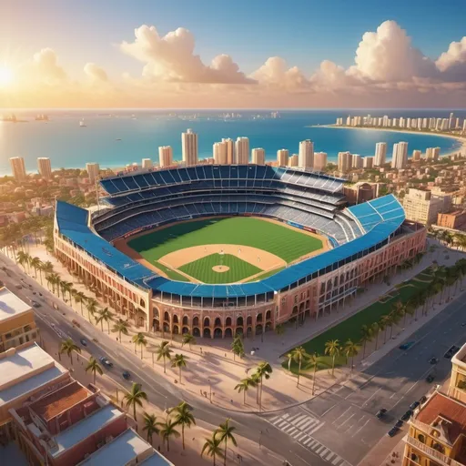 Prompt: MLB stadium in Cartagena, Cartagena skyline and ocean in the background, photorealistic, vibrant colors, golden sunlight, warm tones, serene atmosphere, detailed architecture, crystal-blue ocean, picturesque skyline, lively crowd, perfectly manicured baseball field, clear blue sky with scattered clouds, ultra-detailed, 4K, high-resolution.