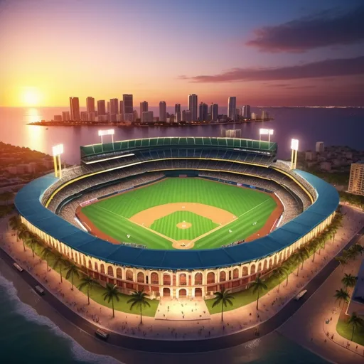 Prompt: (MLB stadium in Cartagena), Cartagena skyline and ocean in the background, photorealistic, vibrant colors, warm tones, high depth cinematic masterpiece, cheerful atmosphere, detailed architecture, lively crowd, lush green field, stunning sunset lighting, ultra-detailed, 4K