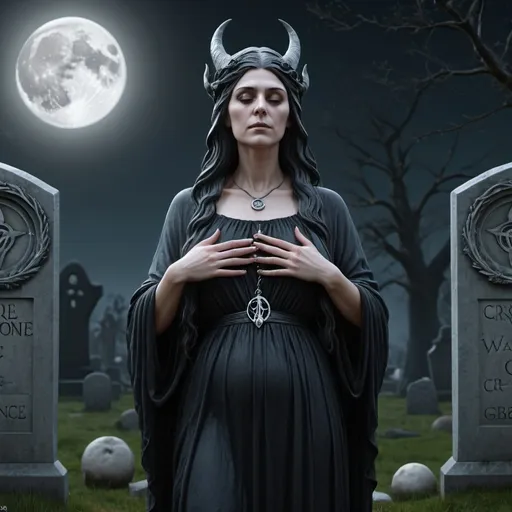 Prompt: Hecate, mother maiden, crone, waning gibbous, 4k hd, photorealistic, graveyard