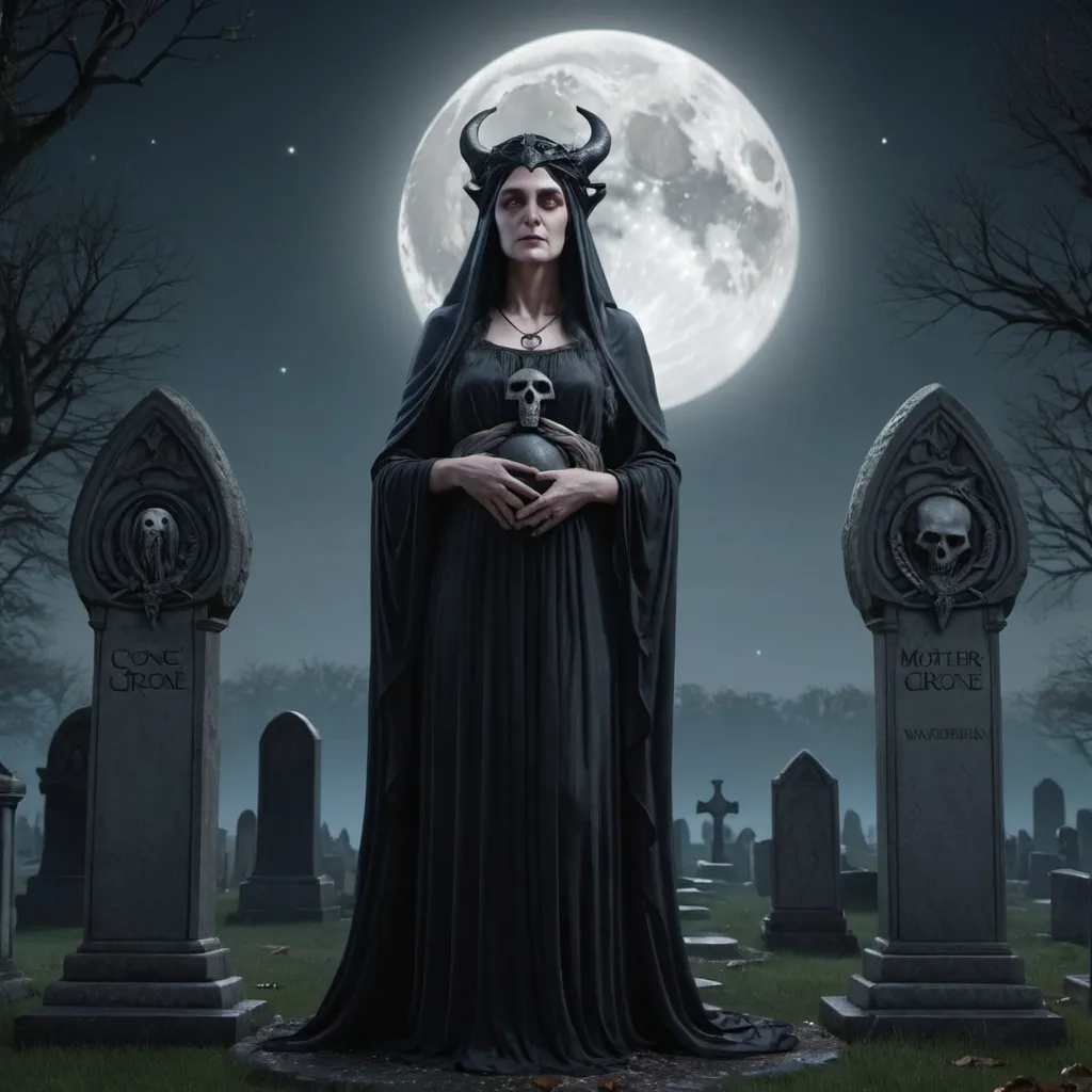 Prompt: Hecate, mother maiden, crone, waning gibbous, 4k hd, photorealistic, graveyard