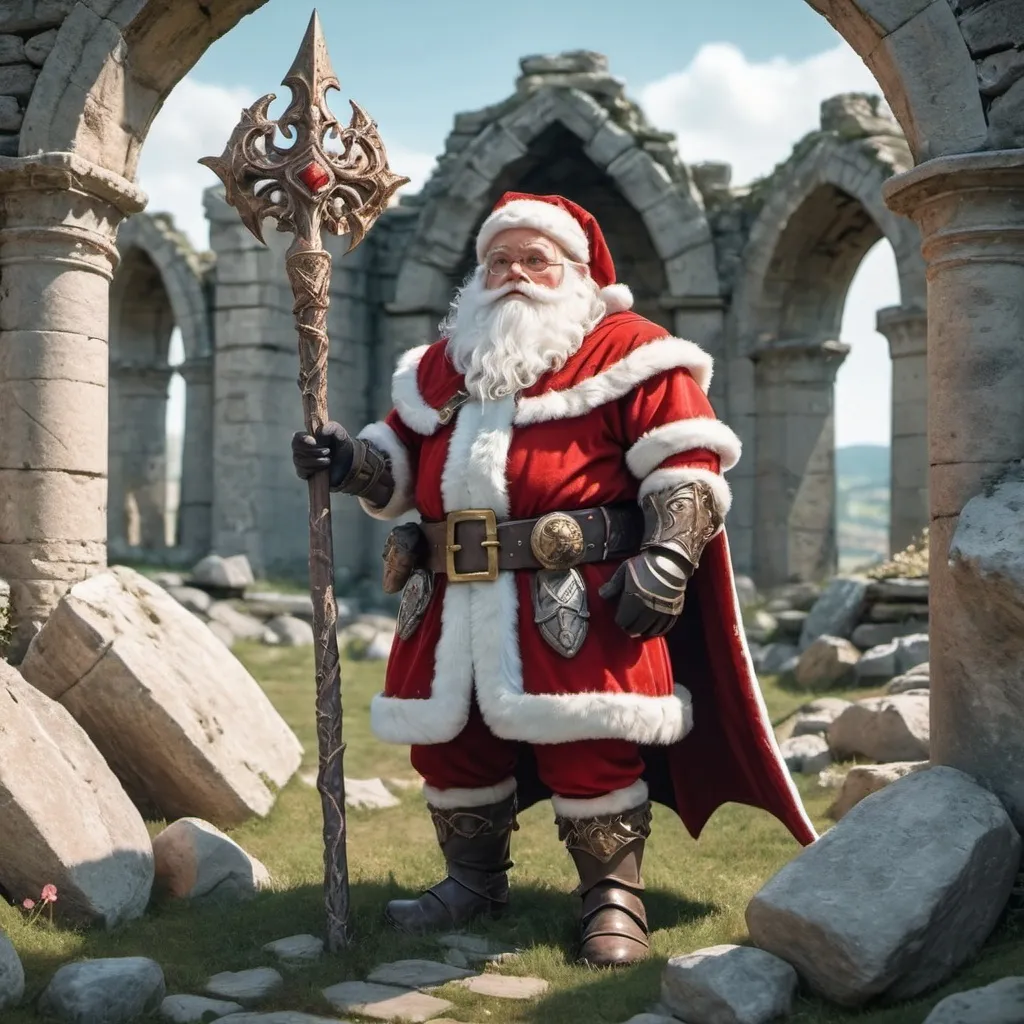 Prompt: A very short Santa Claus wearing scaley armor and holding a mystical staff, standing amongst stone ruins in the spring