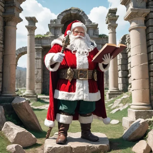 Prompt: A very short in stature Santa Claus wearing scaley armor and holding a mystical staff in one hand and a large magical book in the other, standing amongst stone ruins in the spring