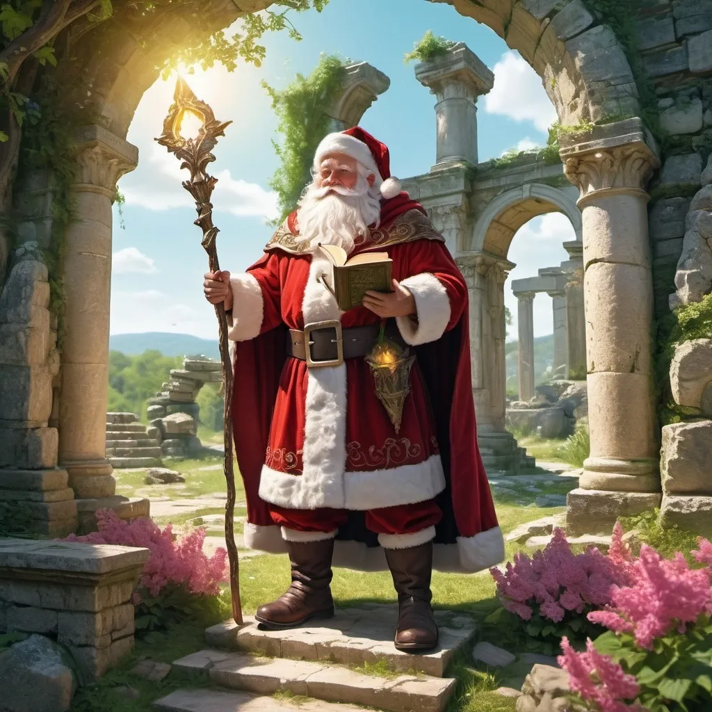 Prompt: A very short in stature Santa Claus wearing scaley armor and holding a mystical staff in one hand and a large magical book in the other, standing amongst stone ruins in the spring