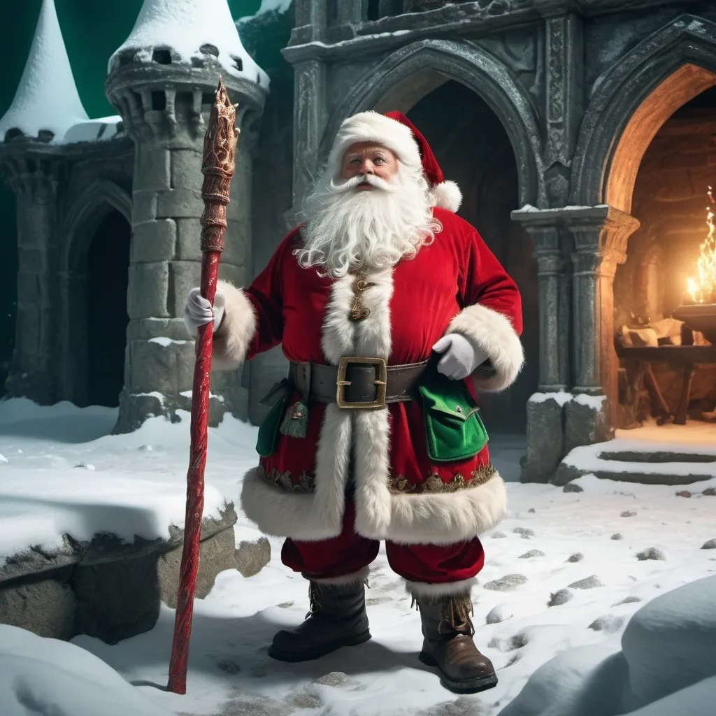 Prompt: Santa Claus but as a dwarf, standing outside a ruined castle in the snow holding a staff.