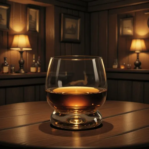 Prompt: Whisky glass on a table, warm ambient lighting, rich dark brown tones, reflective glass surfaces, cozy and inviting atmosphere, ultra-detailed, 4K, high contrast shadows, antique wooden table, softly glowing background, dramatic highlights and reflections, blurred background elementsáiltearodcentric low-angle perspective.