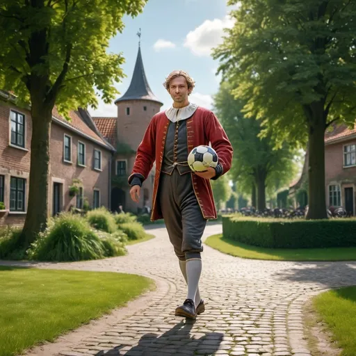 Prompt: voetballer man 30 jaar in een park met mooie huizen in middeleeuwse stad, (photorealistic), (vibrant colors), dynamic pose, sunny day, lush greenery, cobblestone streets, ancient architecture, people in medieval attire, historic ambiance, warm lighting, detailed facial features, photorealistic grass and trees, 4K, ultra-detailed, HD, cinematic depth, high contrast, award-winning photography style