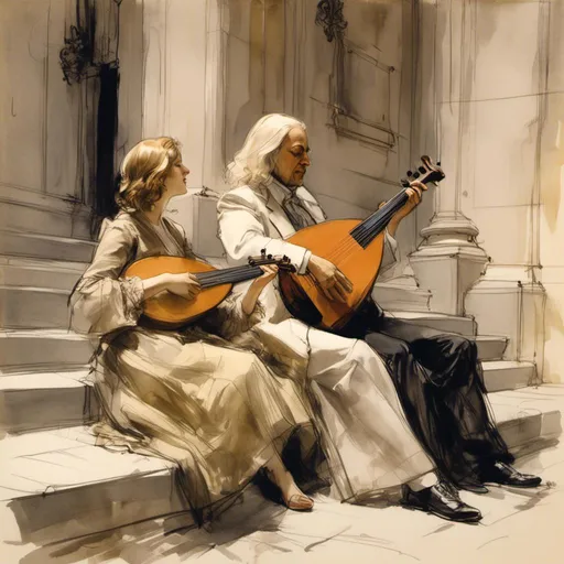 Prompt: <mymodel> color-sketch of Johann Sebastian Bach sitting behind the church in Vienna with a half-dressed woman bard with long blonde hair in a bob, playing a lute,a stunning Donato Giancola masterpiece in artstyle by Anders Zorn and Joseph Christian Leyendecker 