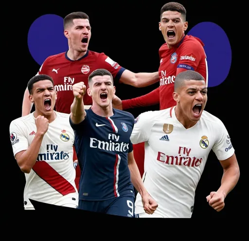 Prompt: Front Left: Jude Bellingham, in a Real Madrid kit, stands confidently with his arms crossed, looking straight ahead.
Front Center: Kylian Mbappé, in a Paris Saint-Germain (PSG) kit, is celebrating passionately, his mouth open in a shout and his fist raised in triumph.
Front Right: Harry Kane, in a Bayern Munich kit, is captured in motion, running forward with a determined expression on his face.
Back Left: Declan Rice, in an Arsenal kit, is pumping his fist and shouting, conveying a moment of intense celebration.
Back Right: Álvaro Morata, in an Atlético Madrid kit, is clenching his fists and celebrating, his face lit up with emotion.