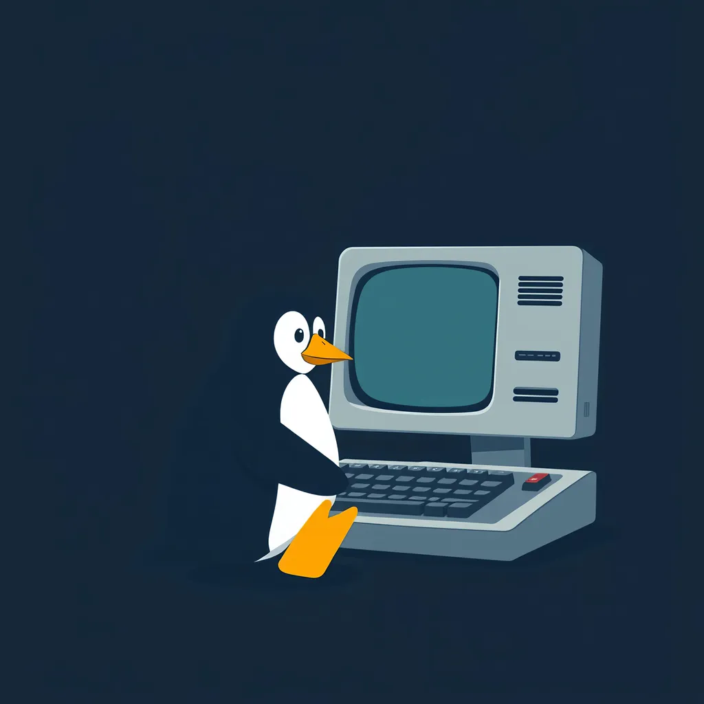 Prompt: Penguin, (Linux mascot), Retro Computer, (minimalistic design), calm atmosphere, (muted colors), sleek lines, subtle shadows, simplicity, soft textures, nostalgic vibe, modern twist, serene, elegant composition, digital art, clean dark blue background, harmonious balance