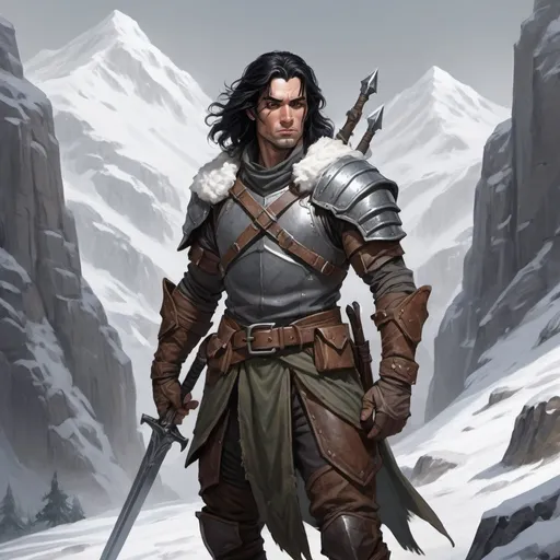 Prompt: Create a d&d sketch of a ranger in old leather armor, longer black hair with grey lines, missing his left arm, holding a cursed sword in his right arm. His body is athletic. Behind him are snowy mountains. 