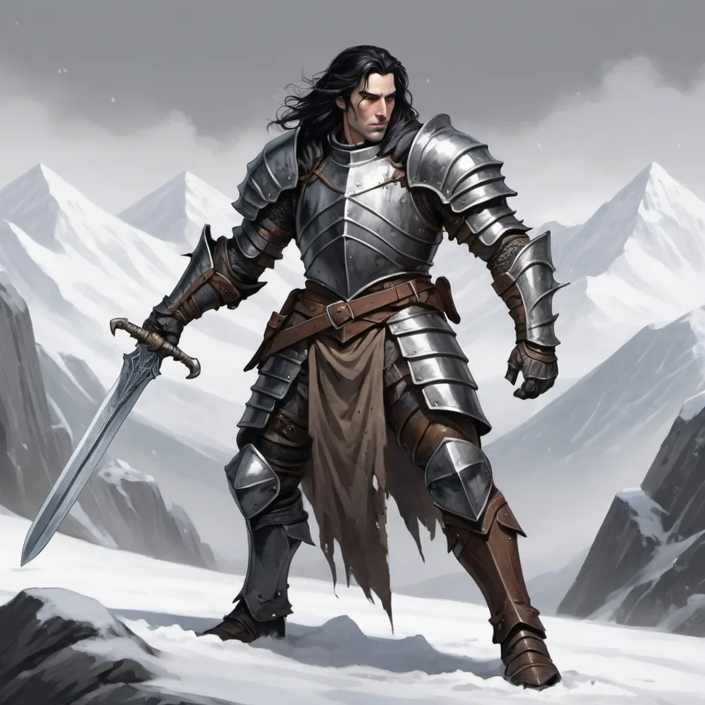 Prompt: Create a d&d sketch of a fallen knight in old leather armor, longer black hair with grey lines, missing his left arm, holding a cursed sword in his right arm. His body is athletic. Behind him are snowy mountains. 