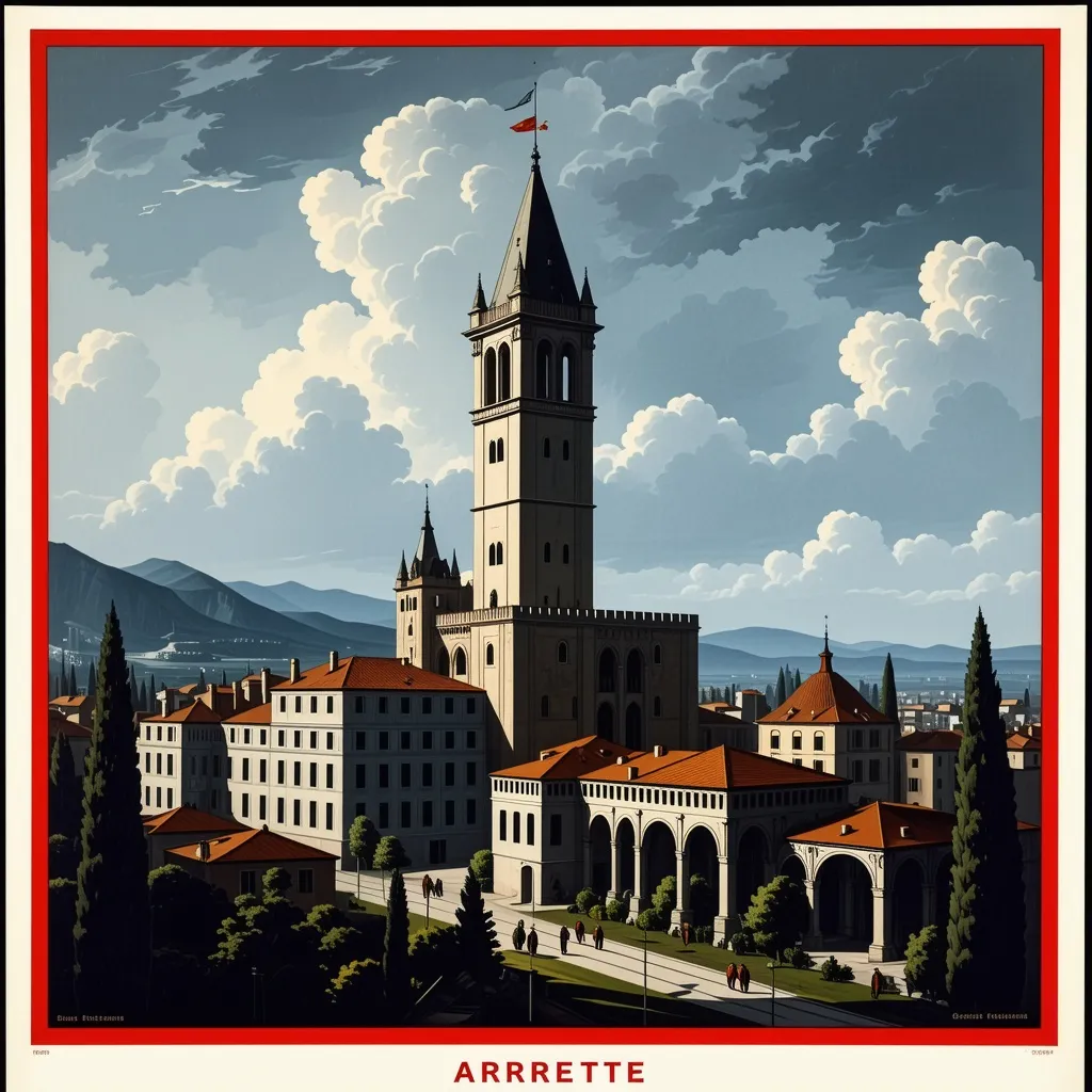 Prompt: a poster for a show in the city of arrete, with a tower in the background and a red frame, Correggio, barbizon school, poster, a poster